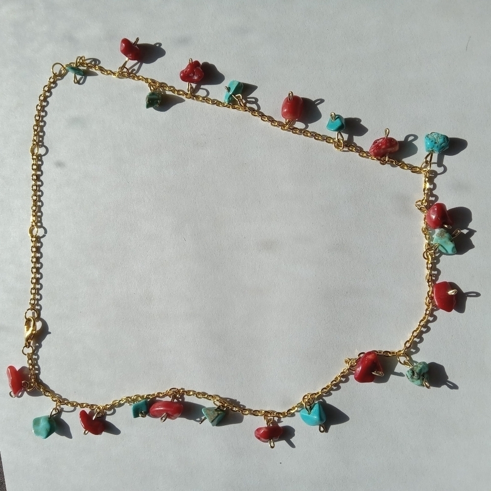 Turquoise and Red coral stone chip necklace bohemian bohochic western hippie